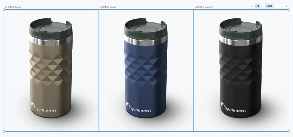 Figurement's browser-based 3D canvas showing product color variants side by side