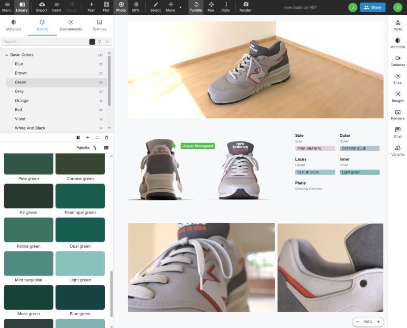 Figurement workspace showing photorealistic raytracing and CMF workflow