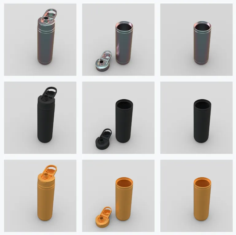 A 3x3 grid of one bottle: three cap position and visibility states (attached, detached and repositioned, hidden) across three material colorways (gunmetal, black, amber), all live in the same rendered canvas